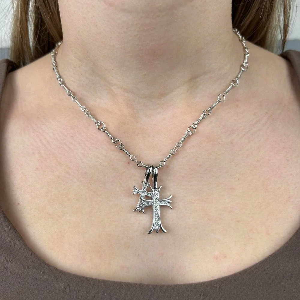 Vintage Y2K silver double cross opium style necklace diamond chain